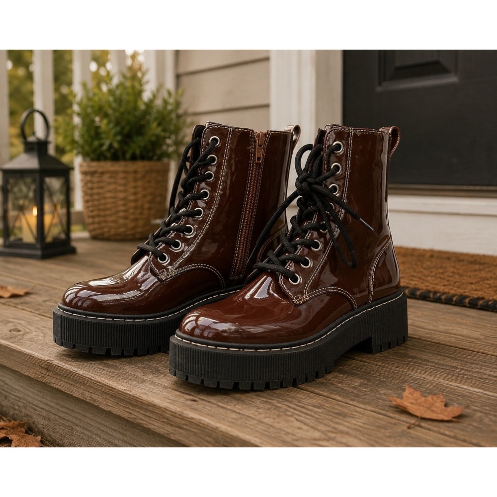 H&M Divided Brown Patent Platform Combat Boots Lug Sole Size 7 0916256